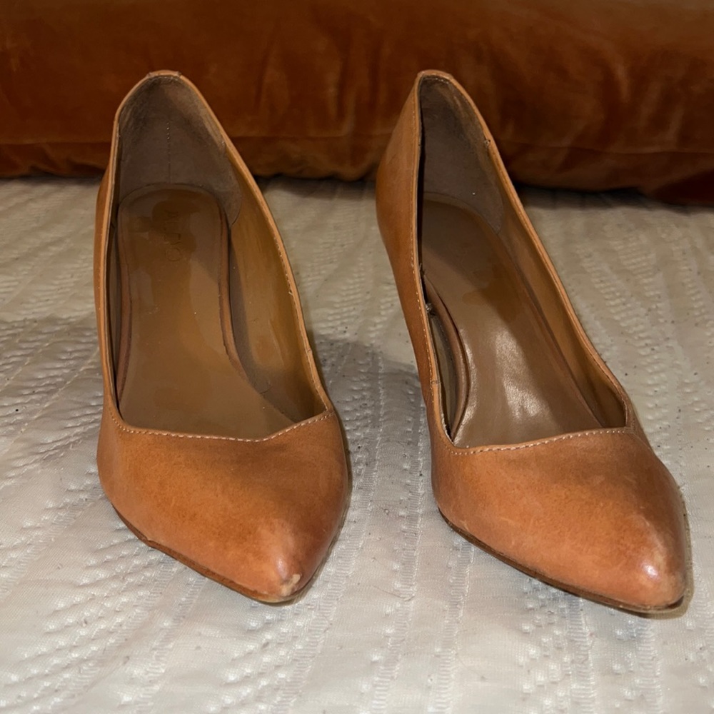Aldo brown leather heels accented with gold studs up the back heel